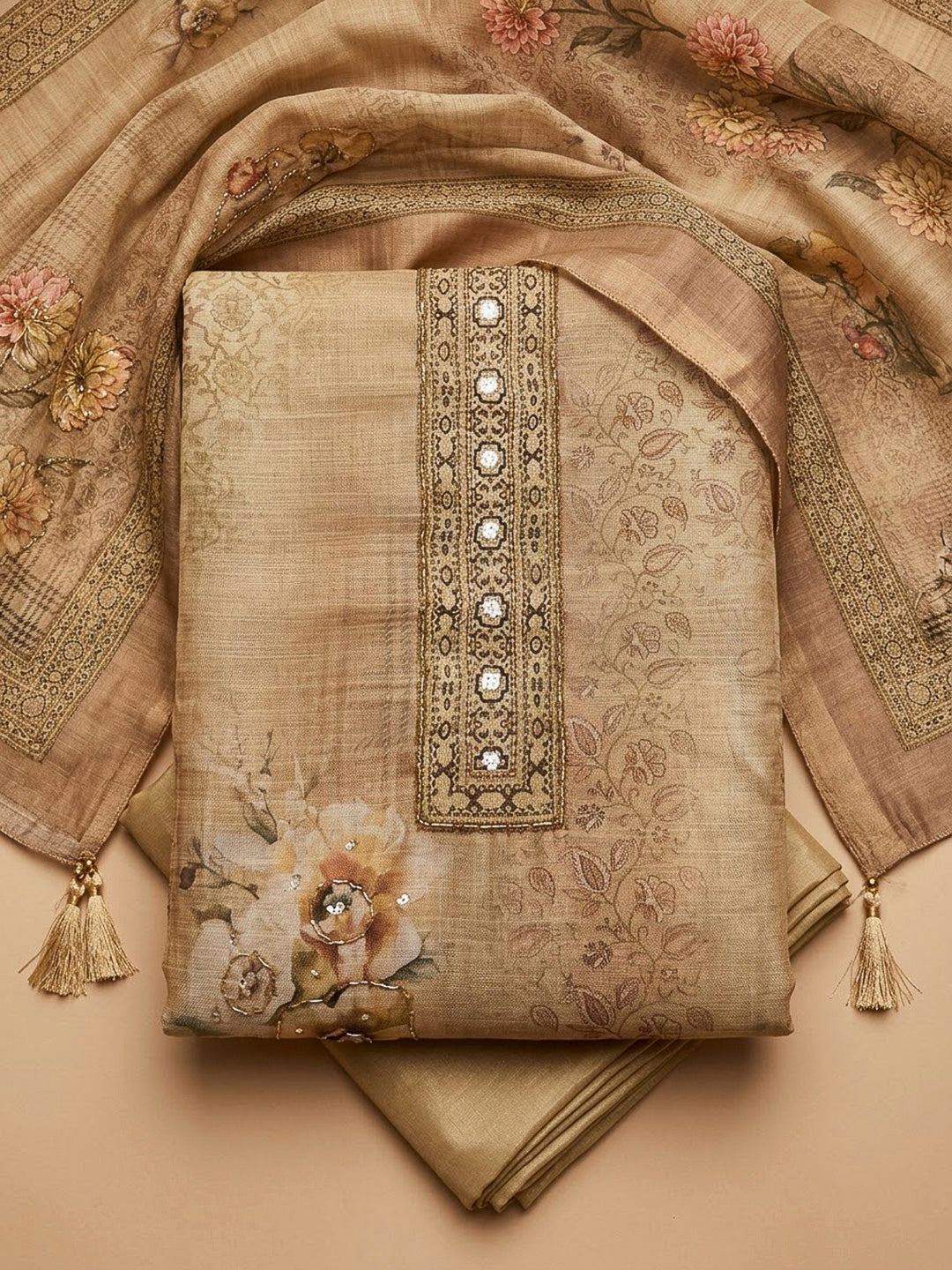 Beige Chanderi Embroidered Unstitched Dress Material