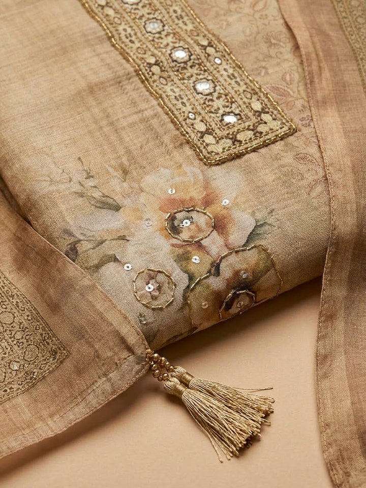 Beige Chanderi Embroidered Unstitched Dress Material