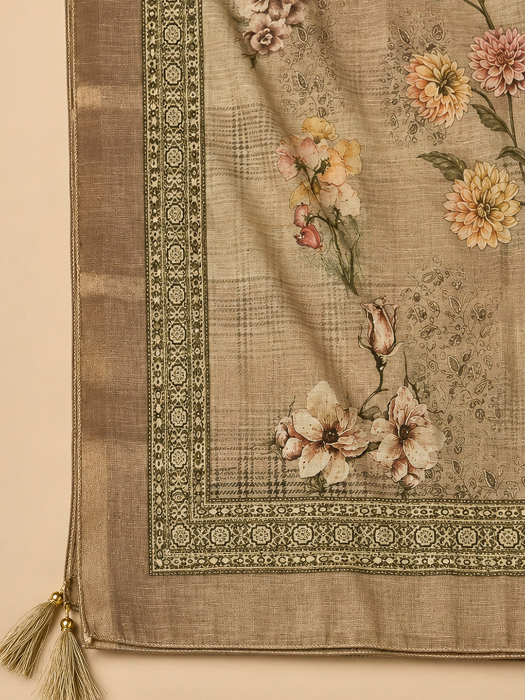 Beige Chanderi Embroidered Unstitched Dress Material