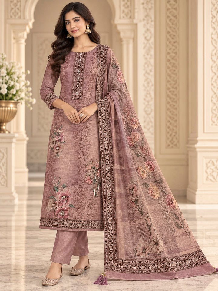 Onion Pink Chanderi Embroidered Unstitched Dress Material