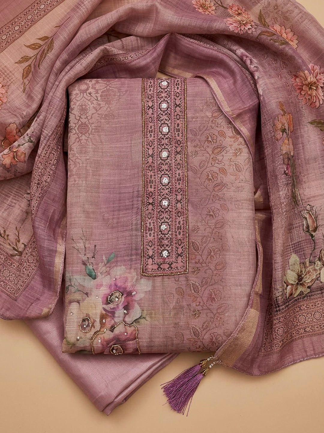 Onion Pink Chanderi Embroidered Unstitched Dress Material