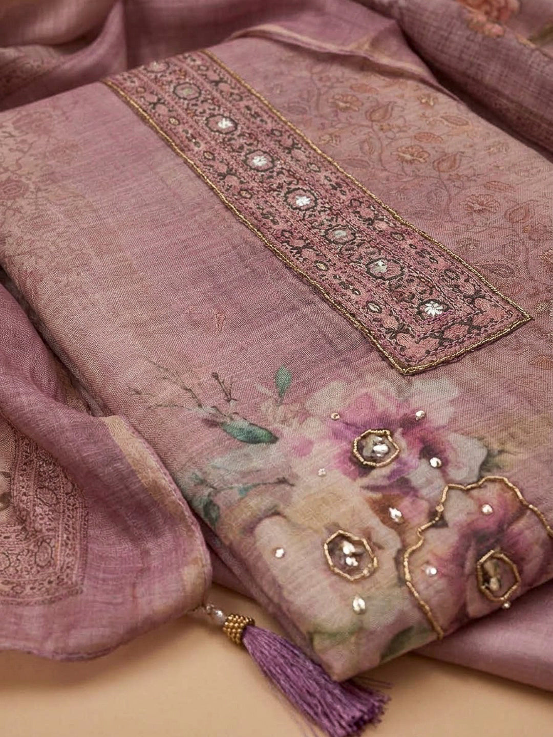 Onion Pink Chanderi Embroidered Unstitched Dress Material