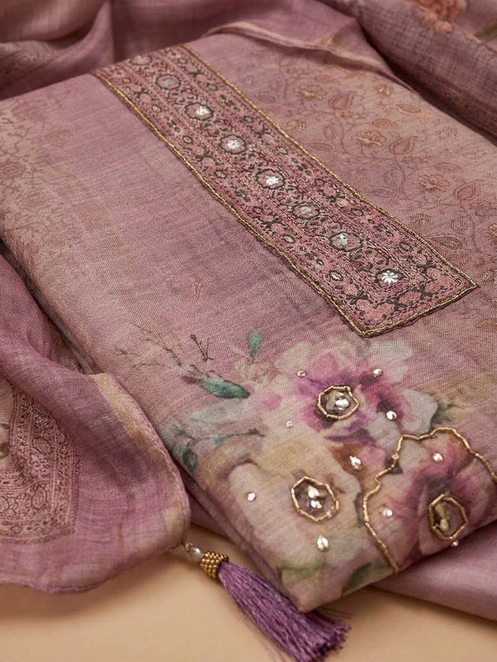 Onion Pink Chanderi Embroidered Unstitched Dress Material