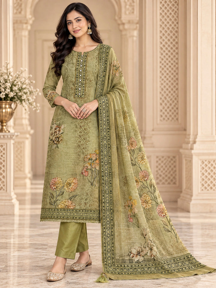 Pista Green Chanderi Embroidered Unstitched Dress Material