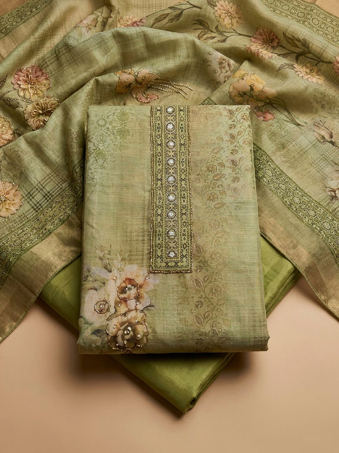 Pista Green Chanderi Embroidered Unstitched Dress Material