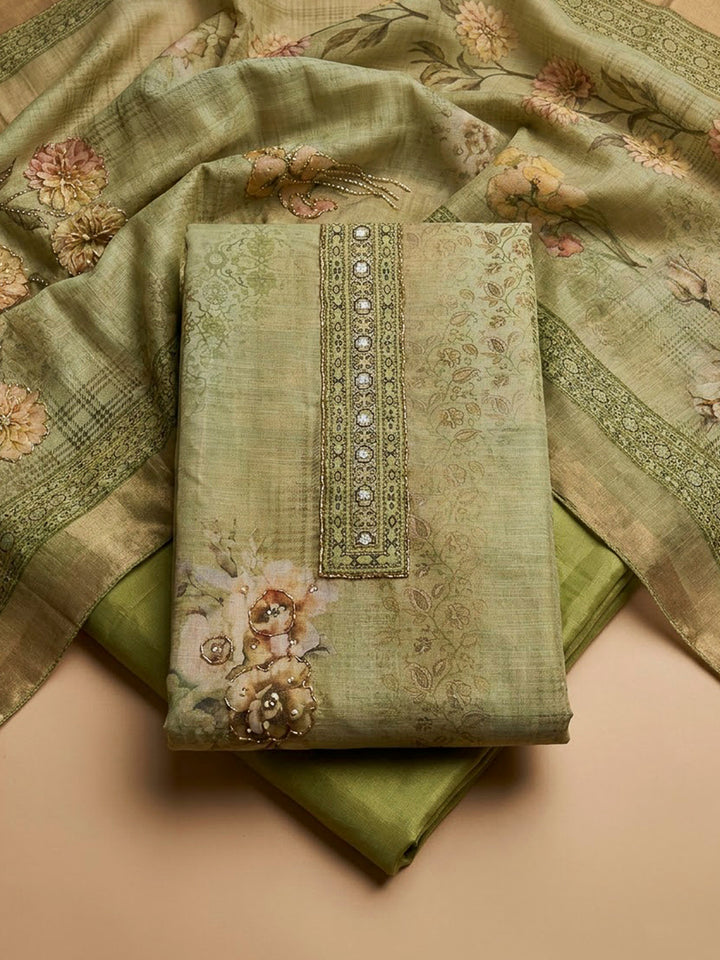 Pista Green Chanderi Embroidered Unstitched Dress Material