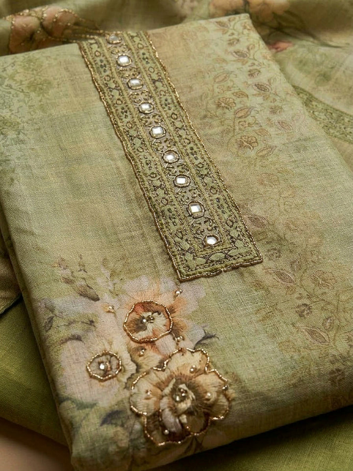 Pista Green Chanderi Embroidered Unstitched Dress Material