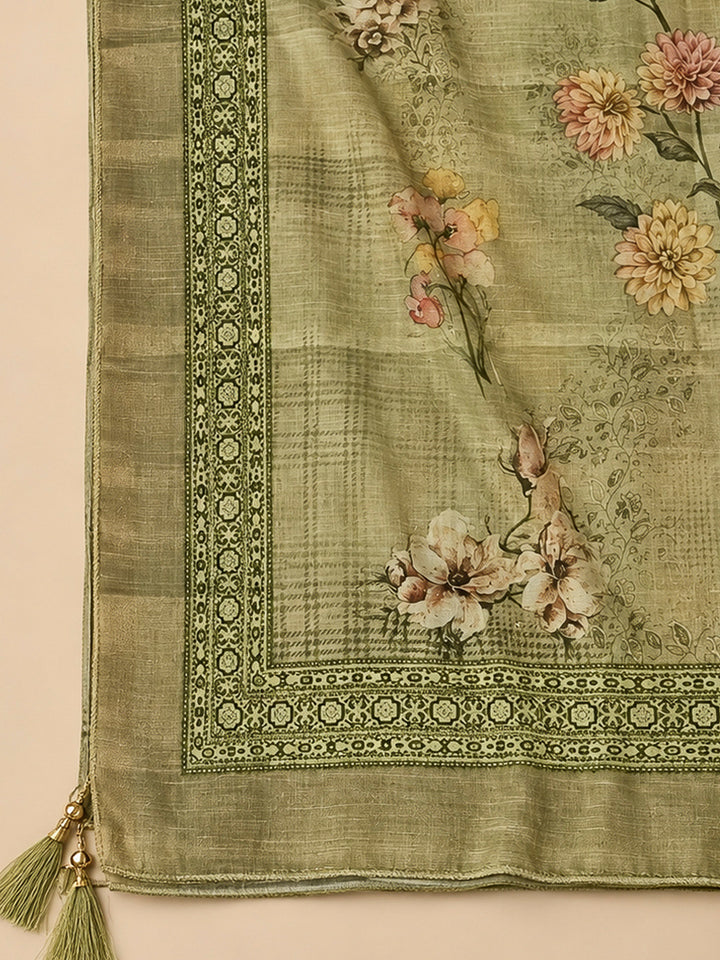 Pista Green Chanderi Embroidered Unstitched Dress Material