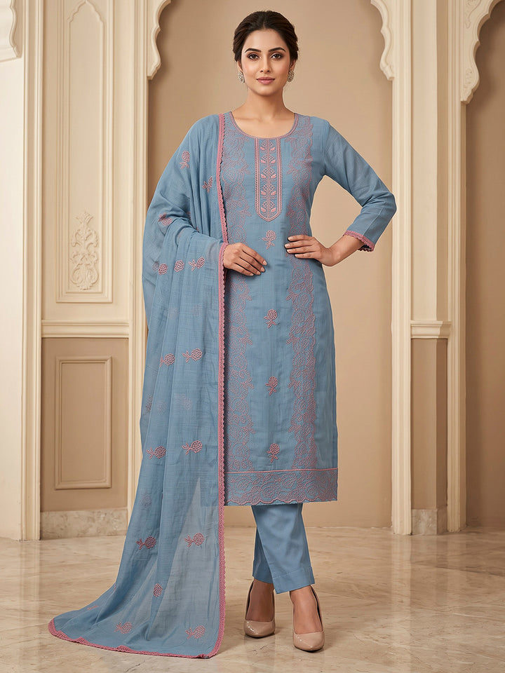 Grey Blue Chanderi Embroidered Unstitched Dress Material