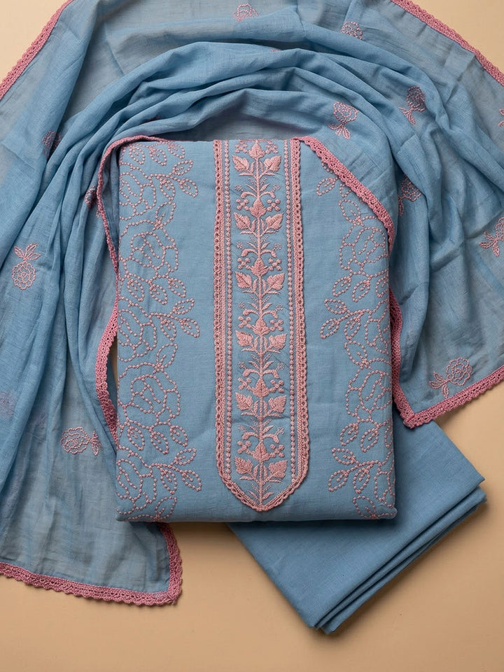 Grey Blue Chanderi Embroidered Unstitched Dress Material