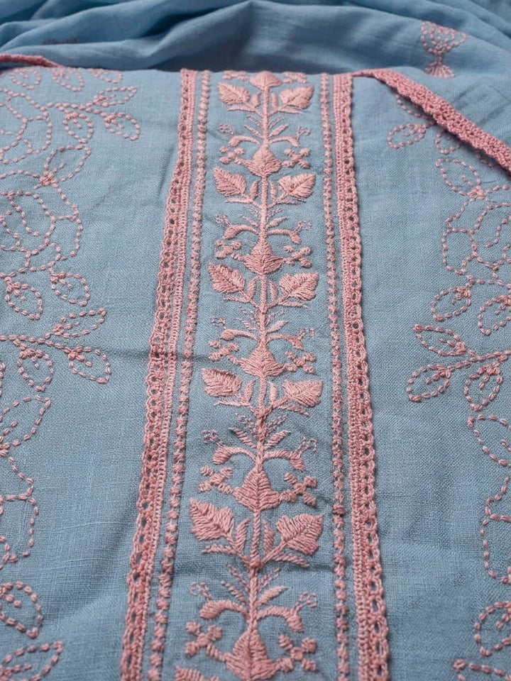 Grey Blue Chanderi Embroidered Unstitched Dress Material