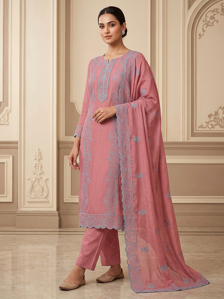 Pink Chanderi Embroidered Unstitched Dress Material