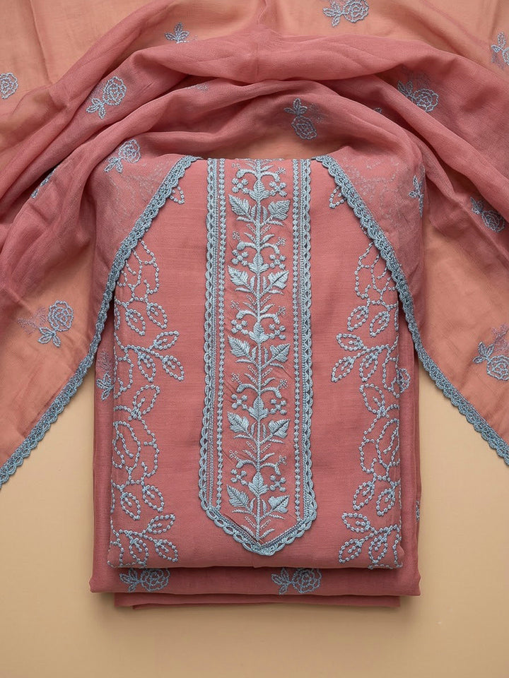 Pink Chanderi Embroidered Unstitched Dress Material