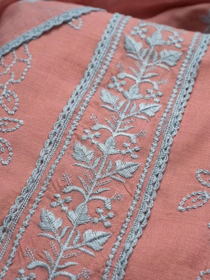 Pink Chanderi Embroidered Unstitched Dress Material