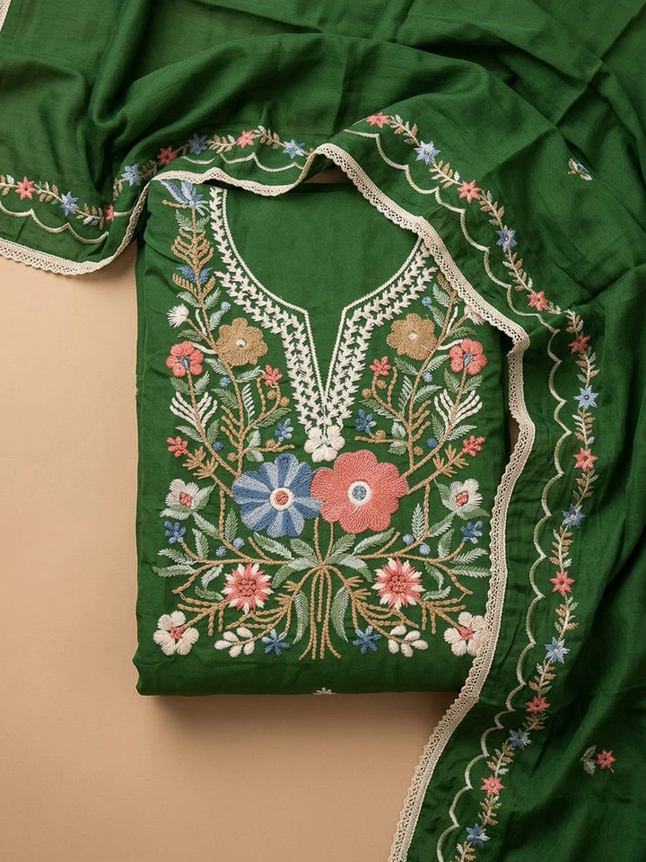 Bottle Green Cotton Blend Embroidered Unstitched Dress Material