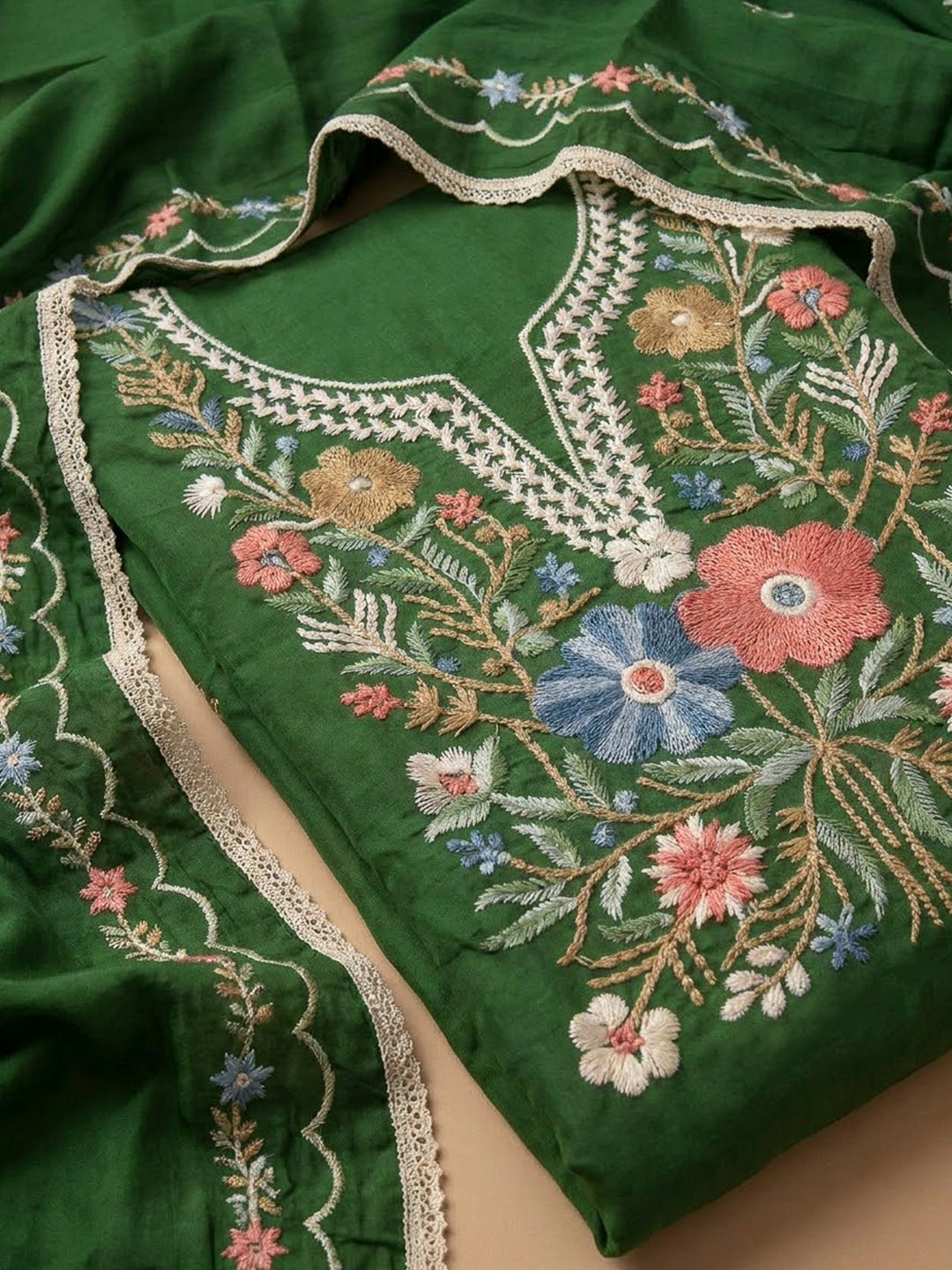 Bottle Green Cotton Blend Embroidered Unstitched Dress Material