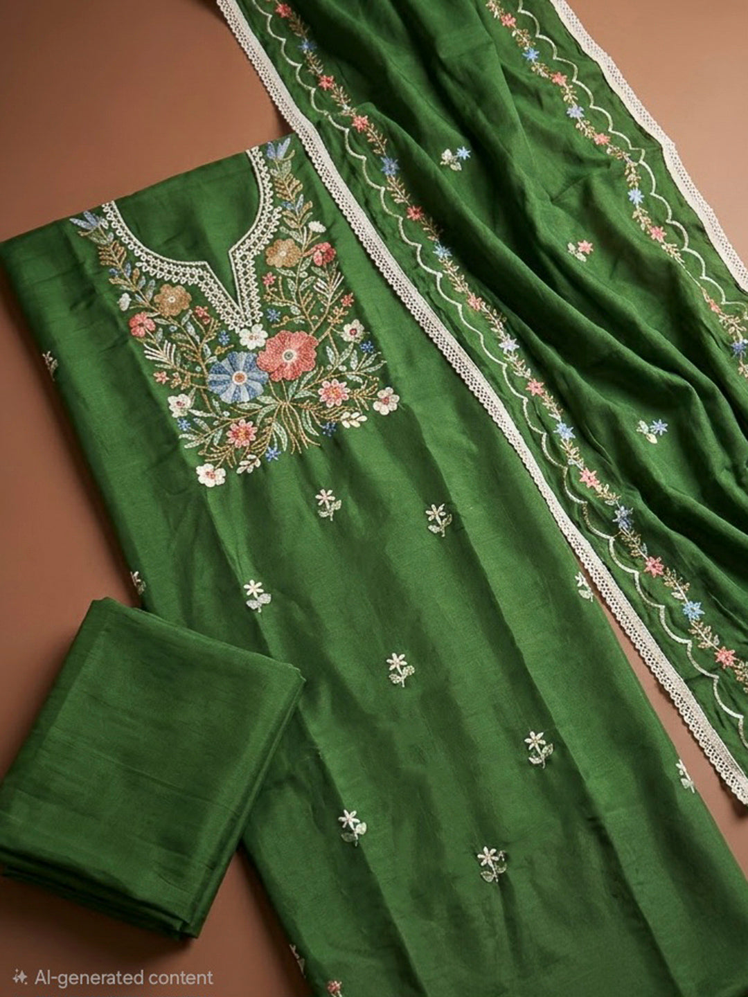 Bottle Green Cotton Blend Embroidered Unstitched Dress Material