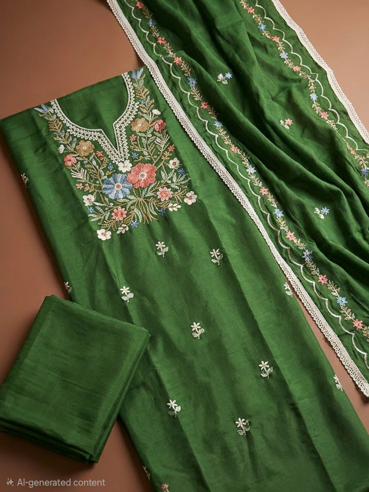 Bottle Green Cotton Blend Embroidered Unstitched Dress Material