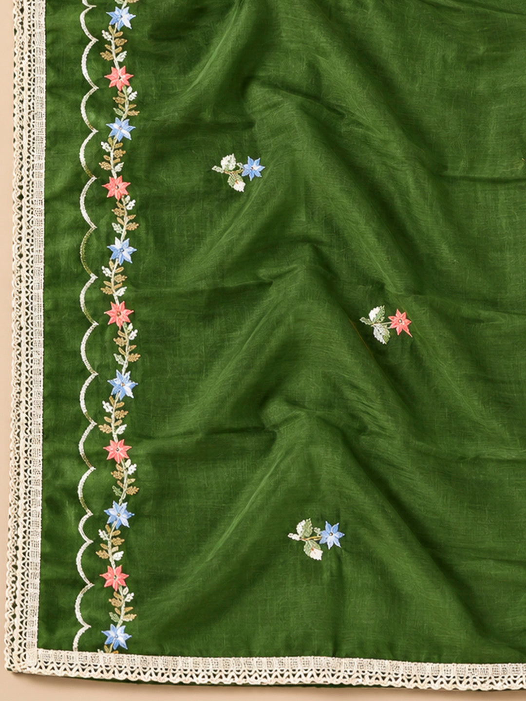 Bottle Green Cotton Blend Embroidered Unstitched Dress Material
