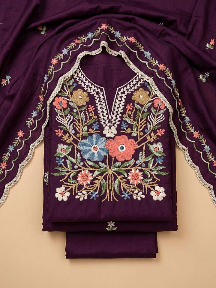 Purple Cotton Blend Embroidered Unstitched Dress Material