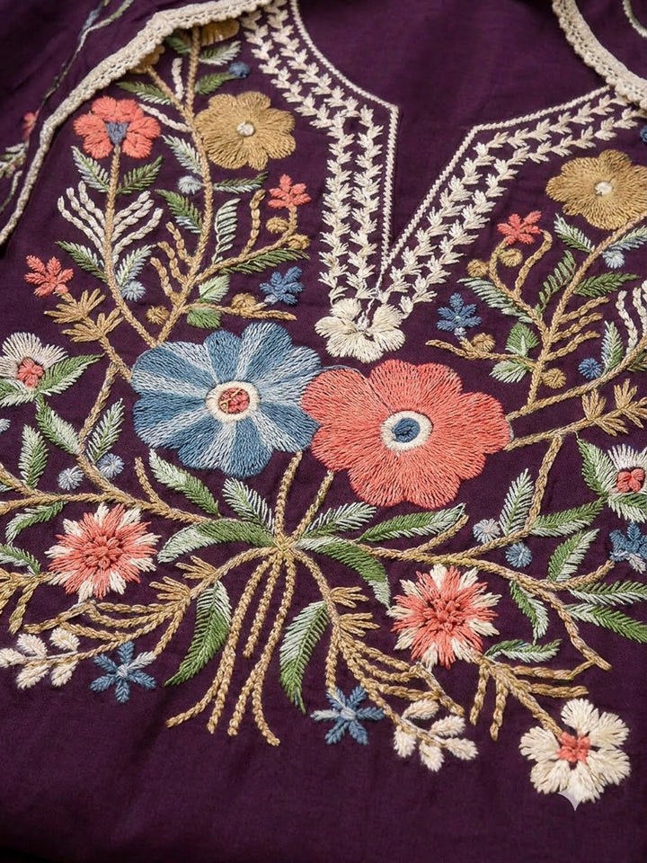 Purple Cotton Blend Embroidered Unstitched Dress Material