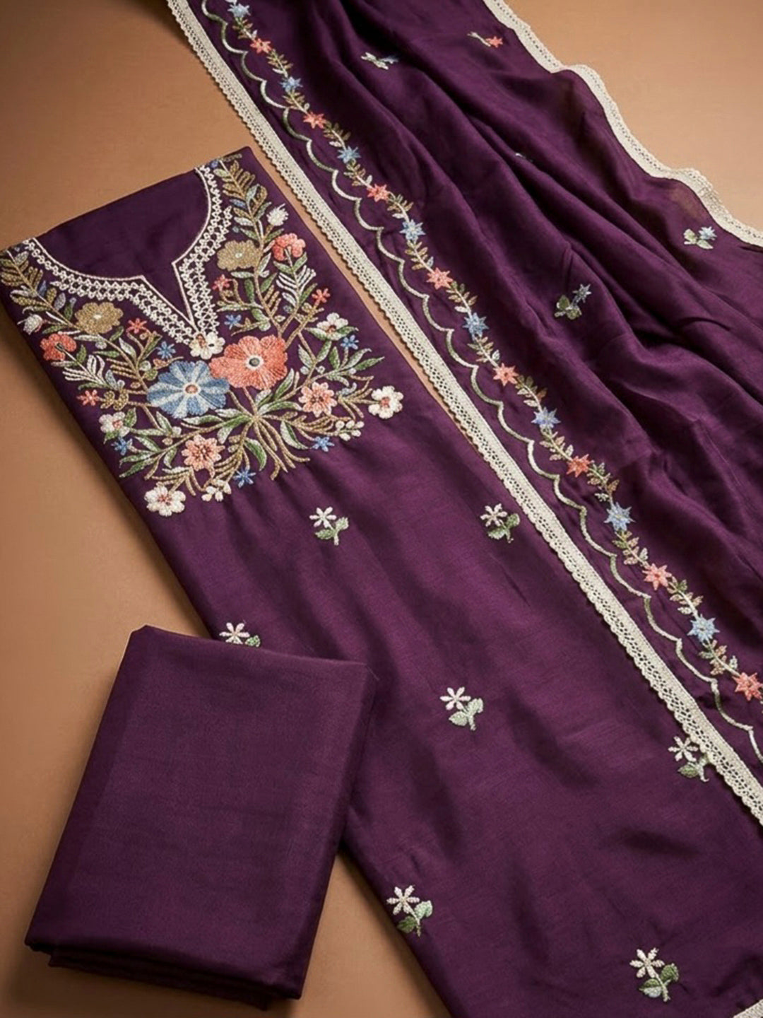 Purple Cotton Blend Embroidered Unstitched Dress Material