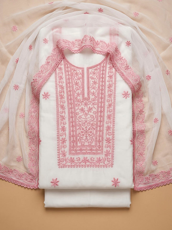 Off White Chanderi Embroidered Unstitched Dress Material