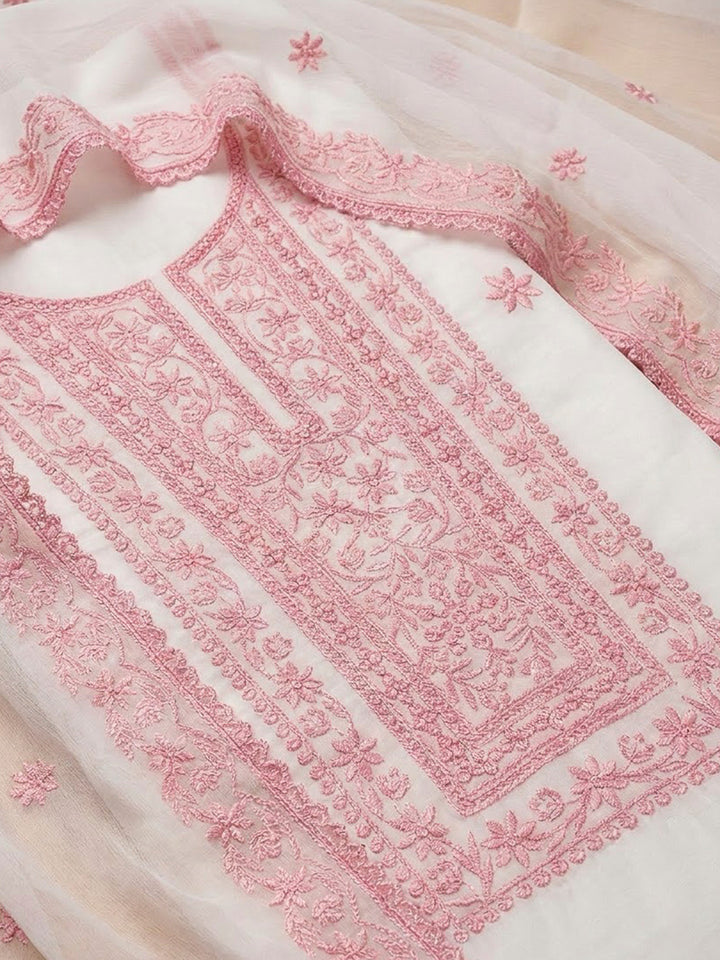 Off White Chanderi Embroidered Unstitched Dress Material