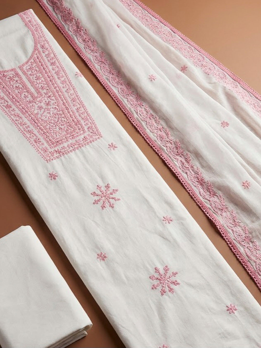Off White Chanderi Embroidered Unstitched Dress Material