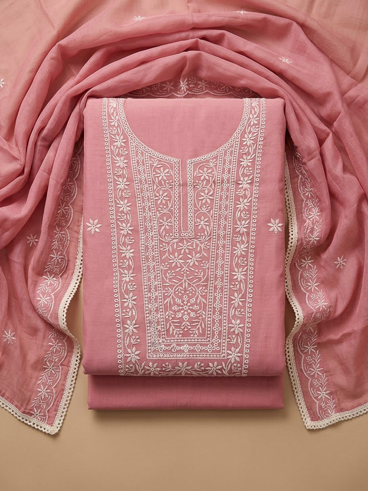 Onion Pink Chanderi Embroidered Unstitched Dress Material