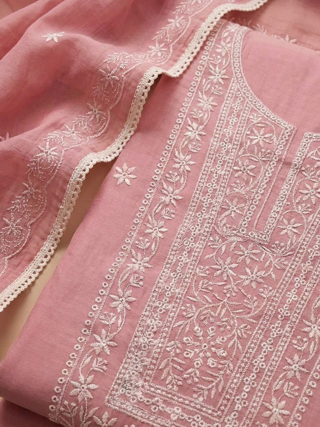 Onion Pink Chanderi Embroidered Unstitched Dress Material