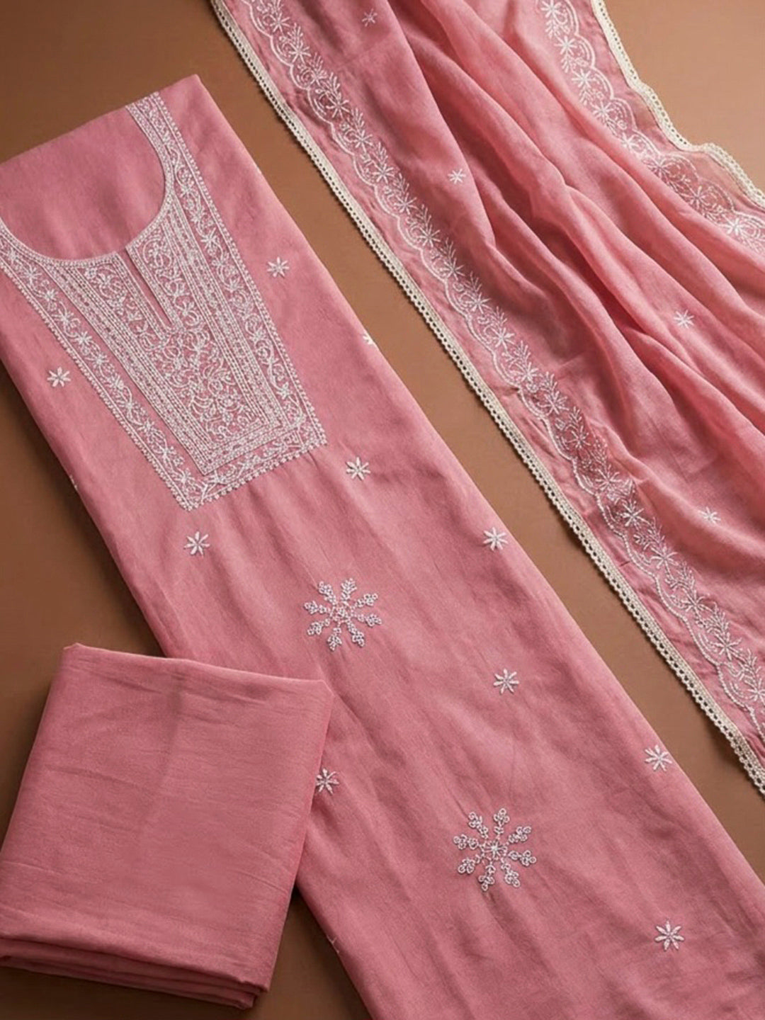 Onion Pink Chanderi Embroidered Unstitched Dress Material