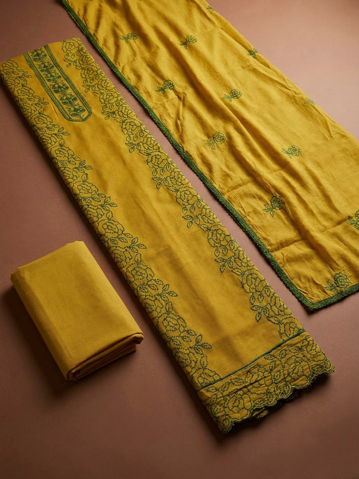 Mehndi Chanderi Embroidered Unstitched Dress Material