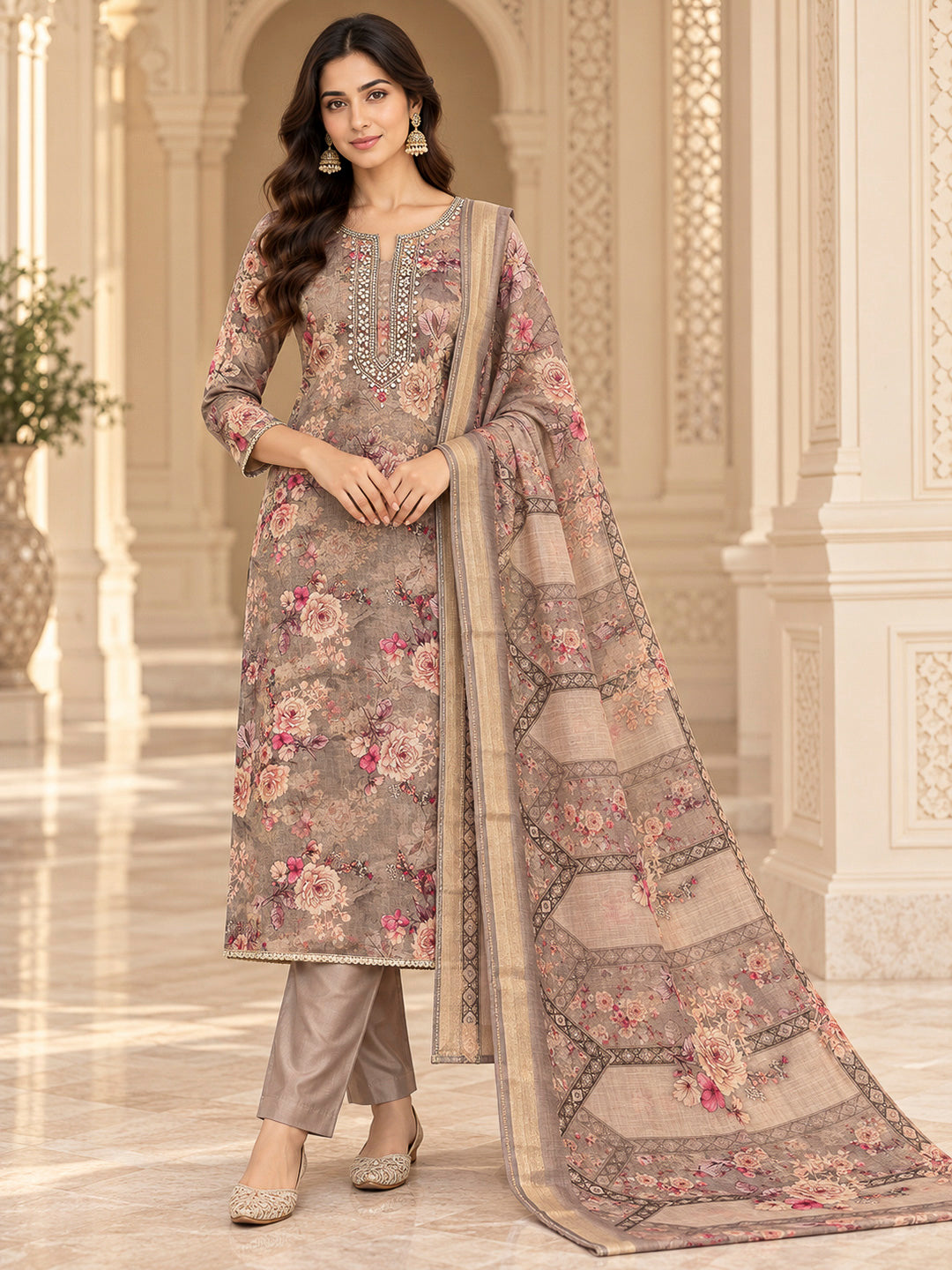 Brown Tissue Embroidered Unstitched Dress Material