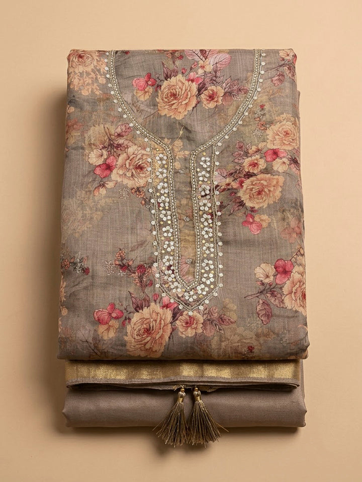 Brown Tissue Embroidered Unstitched Dress Material