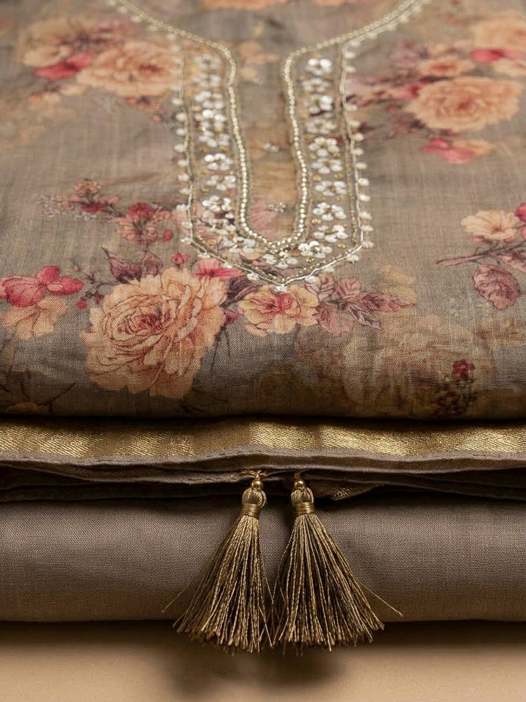 Brown Tissue Embroidered Unstitched Dress Material
