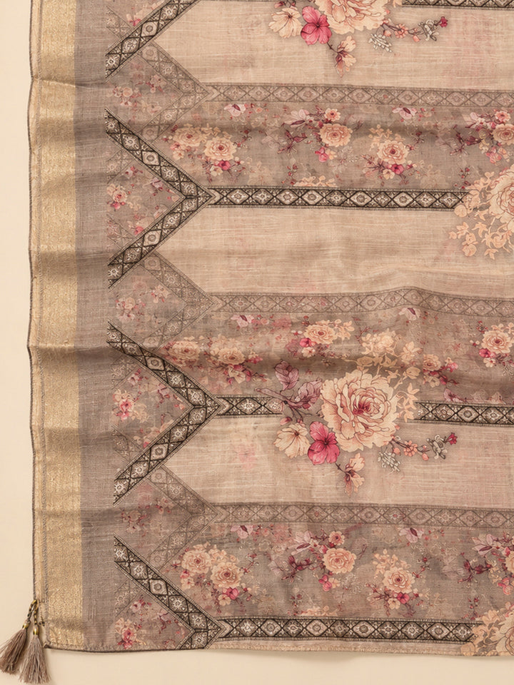 Brown Tissue Embroidered Unstitched Dress Material