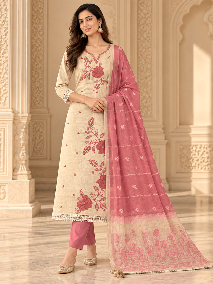 Peach Linen Blend Embroidered Unstitched Dress Material