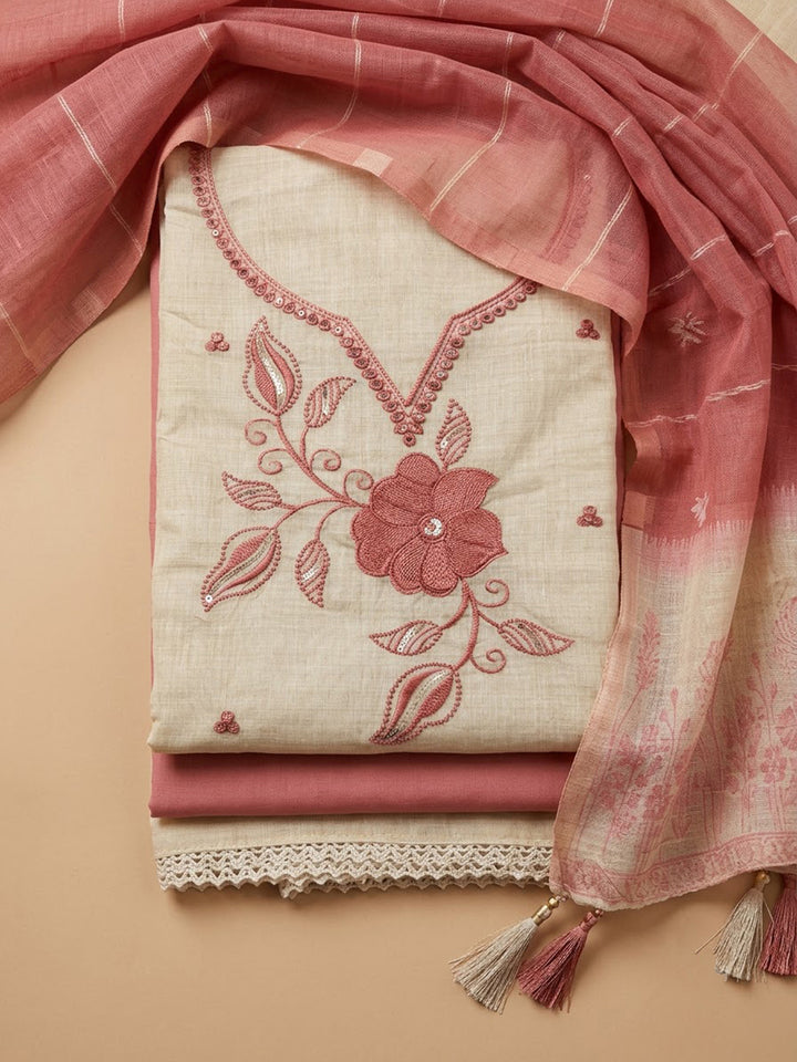 Peach Linen Blend Embroidered Unstitched Dress Material