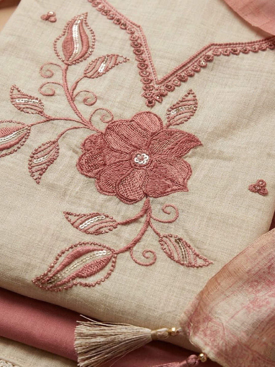 Peach Linen Blend Embroidered Unstitched Dress Material