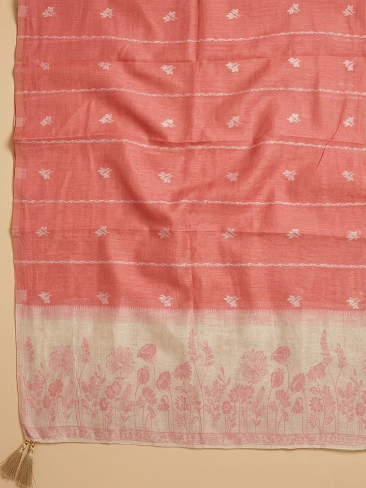 Peach Linen Blend Embroidered Unstitched Dress Material