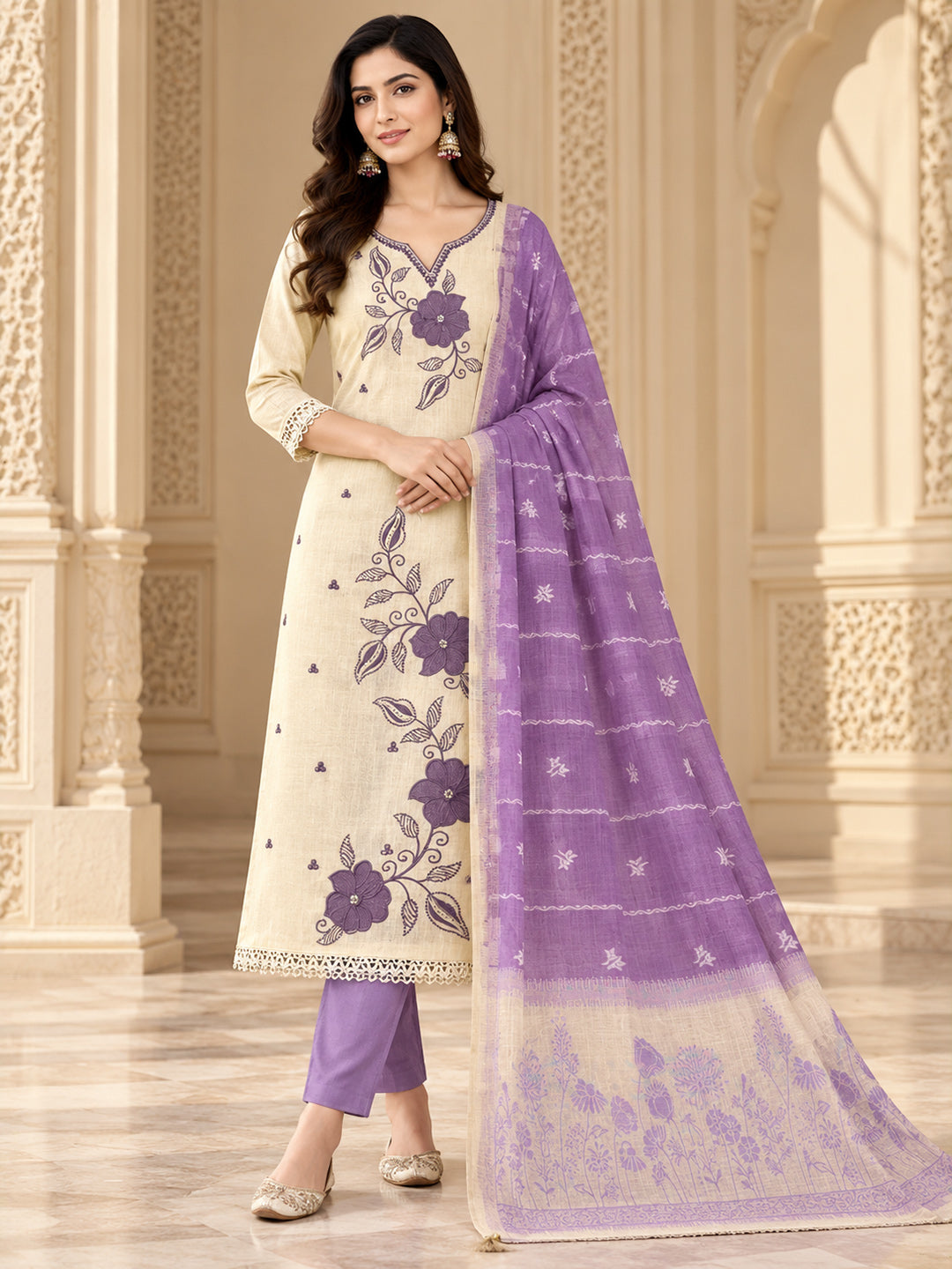 Purple Linen Blend Embroidered Unstitched Dress Material