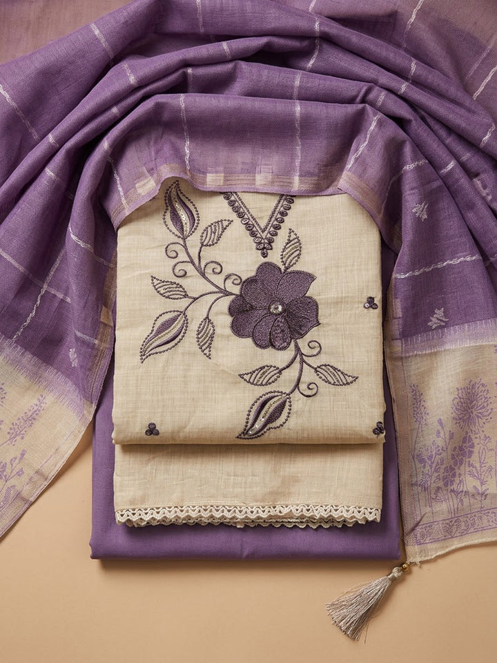 Purple Linen Blend Embroidered Unstitched Dress Material