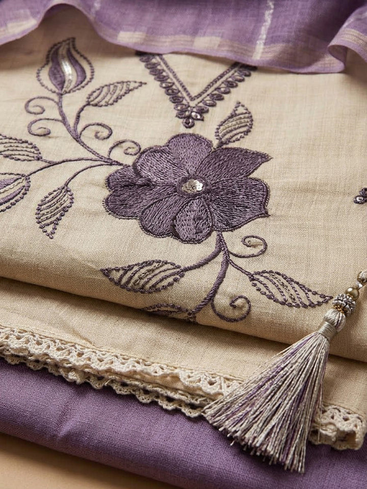 Purple Linen Blend Embroidered Unstitched Dress Material