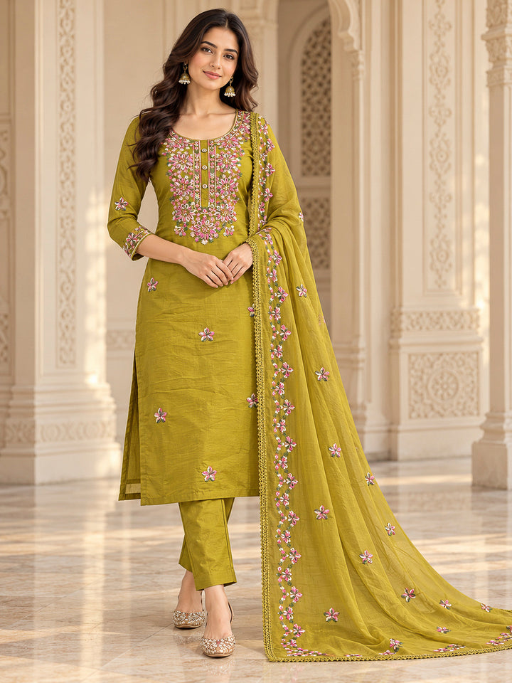 Lemon Cotton Blend Embroidered Unstitched Dress Material