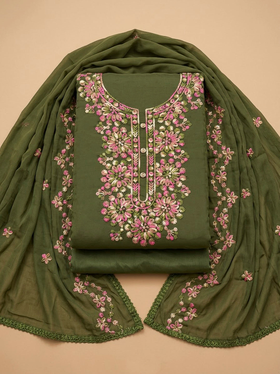 Mehndi Cotton Blend Embroidered Unstitched Dress Material