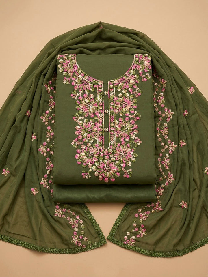 Mehndi Cotton Blend Embroidered Unstitched Dress Material