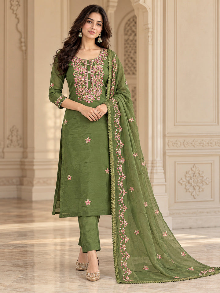 Mehndi Cotton Blend Embroidered Unstitched Dress Material