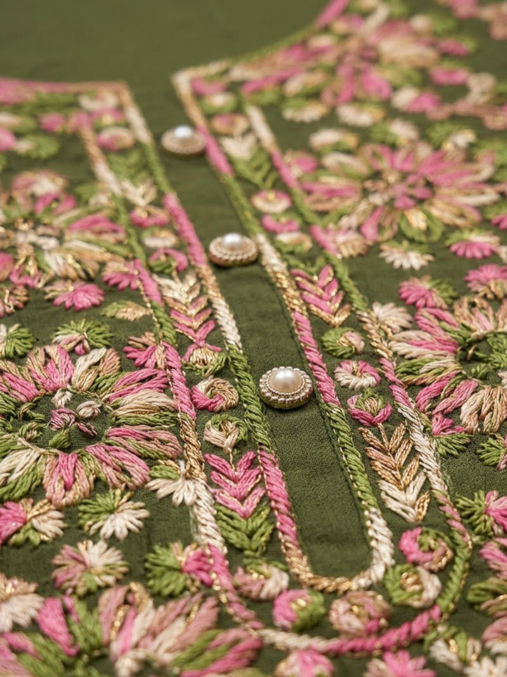 Mehndi Cotton Blend Embroidered Unstitched Dress Material