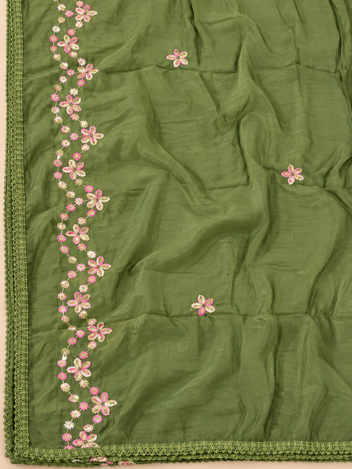 Mehndi Cotton Blend Embroidered Unstitched Dress Material